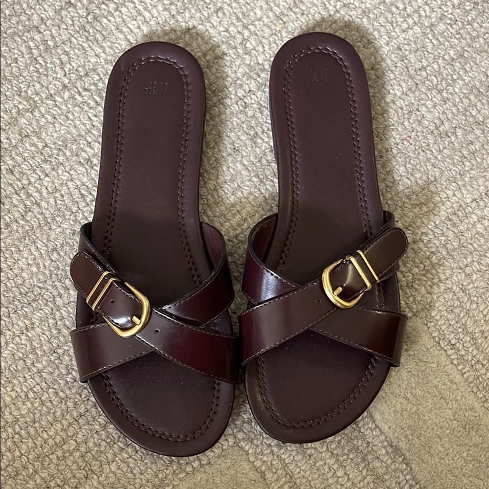 H&M Burgundy Sandals with Golden Buckle Detailing